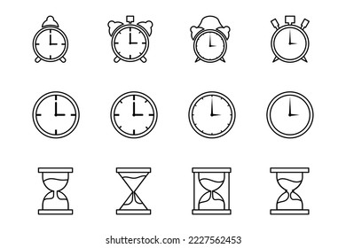 Time and clock vector. Set of clock, alarm clock, and hourglas in line art style