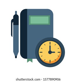time clock watch with agend and pen vector illustration design