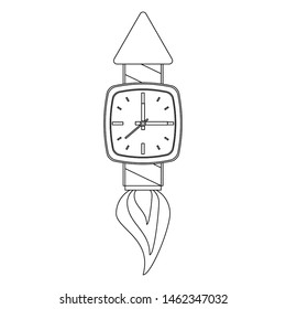 time clock watch alarm with rocket taking off cartoon vector illustration graphic design