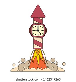 time clock watch alarm with rocket taking off cartoon vector illustration graphic design