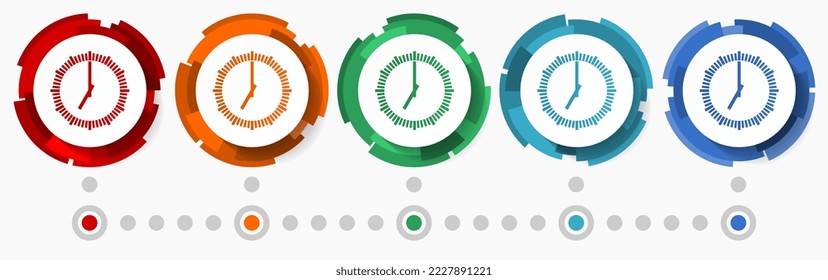 Time, clock, watch concept vector icon set, modern design abstract web buttons i n 5 color options, infographic template