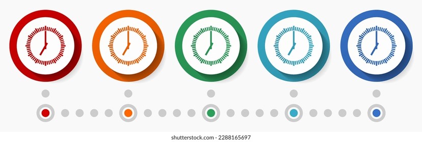 Time, clock, watch concept vector icon set, flat design colorful buttons, infographic template in 5 color options