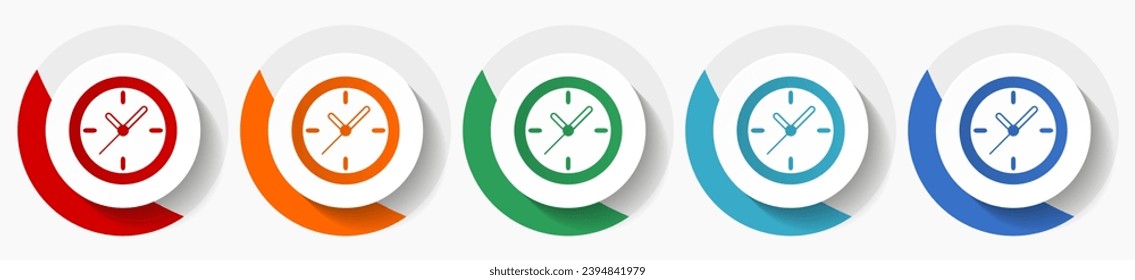 Time, clock, watch vector icon set, flat design colorful round icons in 5 color options for webdesign and mobile applications