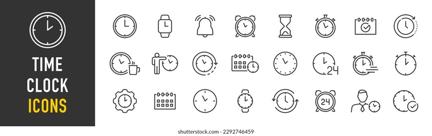 Time and Clock web icons in line style. Calendar, timer, time, stopwatch, countdown, collection. Vector illustration.