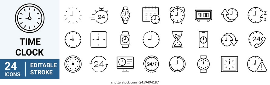 Iconos de tiempo y reloj en línea. Calendario, temporizador, hora, cronómetro, cuenta atrás, colección. editable. Ilustración vectorial.