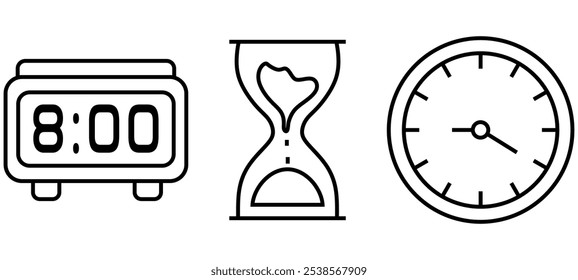 Iconos web de tiempo y reloj en estilo de línea. temporizador, tiempo, cronómetro, cuenta atrás, colección. editable. Ilustración vectorial