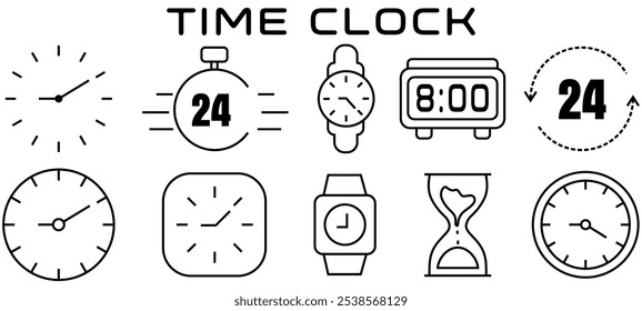 Iconos web de tiempo y reloj en estilo de línea. Calendario, temporizador, tiempo, cronómetro, cuenta atrás, colección. editable. Ilustración vectorial