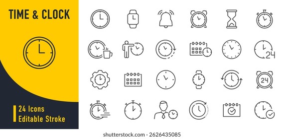Time and Clock web icons in line style. Calendar, timer, time, stopwatch, countdown, collection. Vector illustration.	