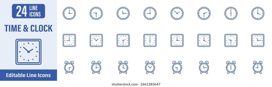 Ícones da Web de Hora e Relógio em estilo de linha. Contém ícones como relógio, hora, lembrete, alarme, minuto, relógio de parede, relógio de alarme e muito mais. Ilustração vetorial.
