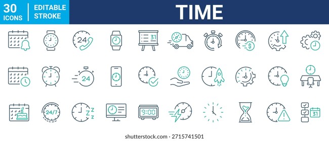 Iconos web de tiempo y reloj en estilo de línea. Calendario, temporizador, tiempo, cronómetro, cuenta atrás, colección. editable. Ilustración vectorial.