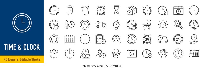 Iconos web de tiempo y reloj en estilo de línea. Calendario, temporizador, tiempo, cronómetro, cuenta atrás, colección. Trazo editable. Ilustración vectorial.