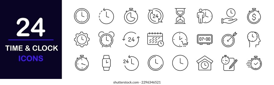 Time and clock web icons set. Time and clock - simple thin line icons collection. Containing timer, countdown, hour, calendar, alarm, date and more. Simple web icons set