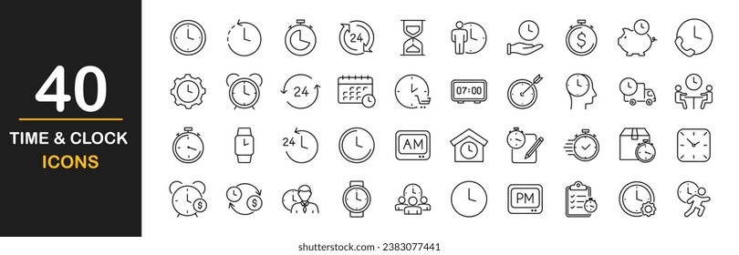 Time and clock web icons set. Time and clock - simple thin line icons collection. Containing timer, countdown, hour, calendar, alarm, date and more. Simple web icons set