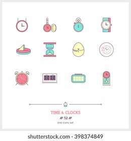 Time and clocks color icons set. Thin line art icons. Flat style signs illustrations.