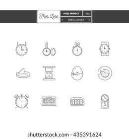 Time and clocks color icons set. Thin Line art Icons. Flat style signs illustrations.