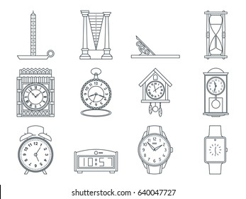 Time and clocks signs set. Watch icons. Line style illustrations isolated. From retro to modern collection. Classic hourglass and digital design.