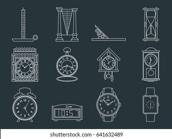 Time and clocks signs set. Watch icons. Flat line style illustrations isolated. From retro to modern collection. Classic hourglass and digital design.