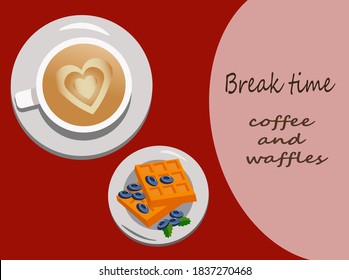 Time for a coffee break. Cup of coffee and waffles top view. Template with vector flat illustration on red background. For decor, design, advertising in cafes and restaurants.