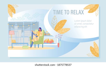 Time For Coffee Break, Rest And Relax Motivation Poster. Happy Young Woman Wrapped In Warm Blanket Drinking Hot Beverage Along At Cozy Home Living Room With Fireplace. Vector Illustration