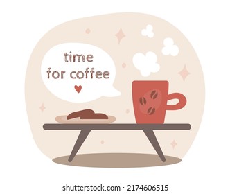Time for coffee concept with cute flat cup with aroma clouds and cookies in trendy beige colors. Isolated vector illustration..