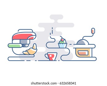 Time for coffee with croissant. Delicious early breakfast. Vector illustration