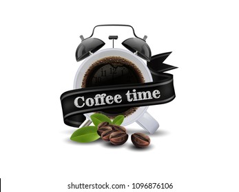 Time to coffee cup of black coffee and coffee bean isolated on white background, copy space for text. vector illustration.