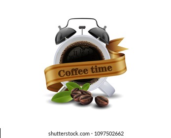 Time to coffee cup of black coffee and coffee bean isolated on white background, copy space for text. vector illustration.