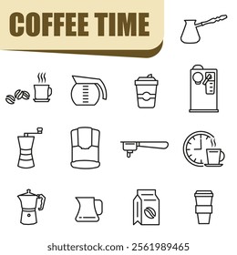 Time for coffee icons. Coffee icon set. Everything for coffee. Thin line icons. EPS 10.