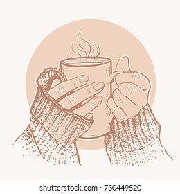 Time for coffee. Vector hand drawn sketch of girl in a cozy knitted sweater holding a cup. 
