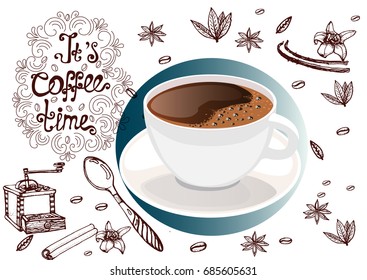 time for coffee vector illustration of coffee Cup 3D, handmade graphics , spices, coffee grinder, lettering, bell in background