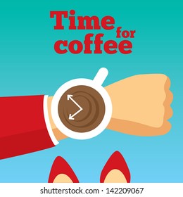 Time for coffee vector illustration. Morning coffee. Coffee clock. Coffee break