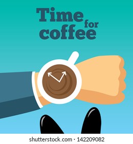 Time for coffee vector illustration. Morning coffee. Coffee clock. Coffee break