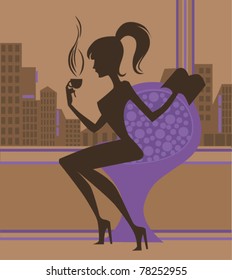 time for coffee, vector image of beautiful girl in the city
