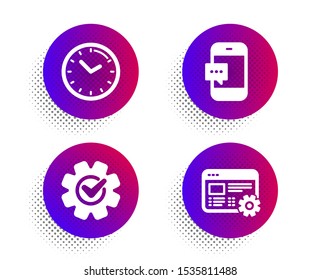 Time, Cogwheel and Smartphone message icons simple set. Halftone dots button. Web settings sign. Clock, Engineering tool, Cellphone chat. Business set. Classic flat time icon. Vector