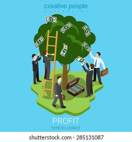 Time to collect profit concept flat 3d web isometric infographic concept vector. Men pluck dollar money banknotes from the tree to the briefcase. Creative business people collection.