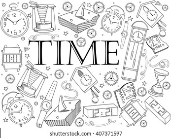 Time coloring book line art design vector illustration. Clock separate objects. Timer hand drawn doodle design elements.