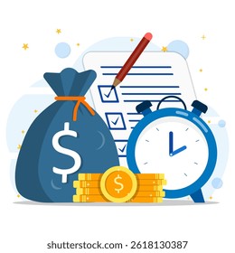 Time to complete work and earn money. complete task list, income timer. Right time to get rich. Time to get financial gain and opportunity to get money. 