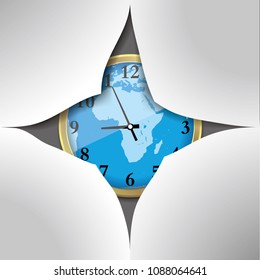 Time concept, the clock is behind the cracked paper.