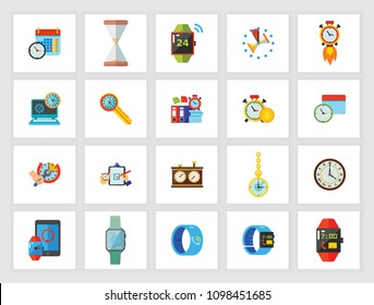 Time concept. Flat icon set. Time management, deadline, planning. Can be used for topics like modern technology, business, strategy