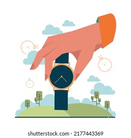 Time concept. Time flow, hour glass, watch or timer measuring and counting time. Countdown concept.. Efficiency and productivity idea. Flat vector illustration