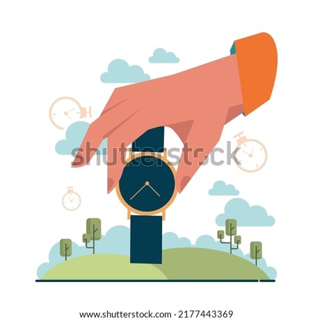 Time concept. Time flow, hour glass, watch or timer measuring and counting time. Countdown concept.. Efficiency and productivity idea. Flat vector illustration