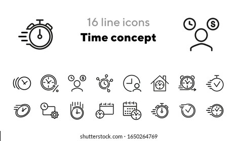 Time concept icons. Set of line icons. Accelerated time, calendar with clock, video timer. Time concept. Vector illustration can be used for topics like time, planning