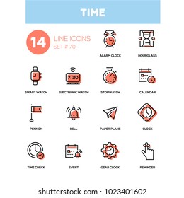 Time concept - line design icons set. High quality black pictogram. Alarm clock, hourglass, smart, electronic watch, stopwatch, calendar, pennon, bell, paper plane, check, event, gear, reminder