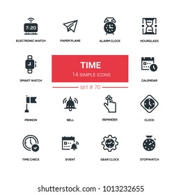 Time concept - line design silhouette icons set. High quality black pictogram. Alarm clock, hourglass, electronic watch, stopwatch, calendar, pennon, bell, paper plane, check, event, gear, reminder