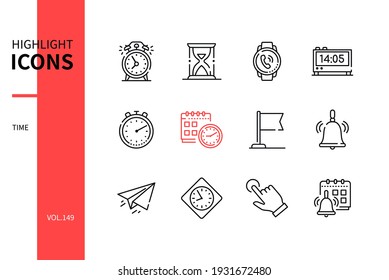 Time concept - modern line design style icons set. Business planning and workflow management idea. Alarm clock, hourglass, smart and electronic watch, calendar, bell, reminder, stopwatch images