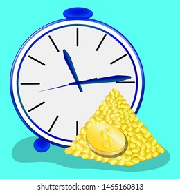 Time is the concept of money, alarm. Clock and coins, long-term financial investment, future income, monetary profit. Lots of coins. Vector
