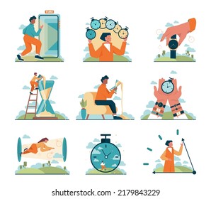 Time concept set. Time flow, hour glass, watch or timer measuring and counting time. Countdown concept.. Efficiency and productivity idea. Flat vector illustration