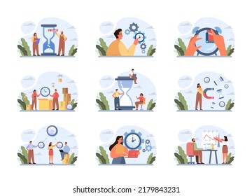 Time concept set. Time flow, hour glass, watch or timer measuring and counting time. Countdown concept.. Efficiency and productivity idea. Flat vector illustration