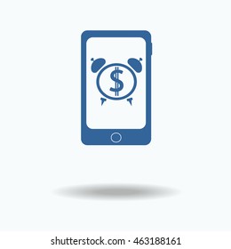 Time concept, smartphone with Alarm Clock icon on display. Dollar sign. deadline concept. blue icon. Single flat icon isolated on white background. vector illustration., One of set web icons. eps 10.
