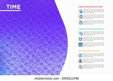 Time concept with thin line icons: coffee time, stopwatch, smart watch, hot time, sale, deadline, alarm, open hours, coundown. Modern vector illustration, template for print media.